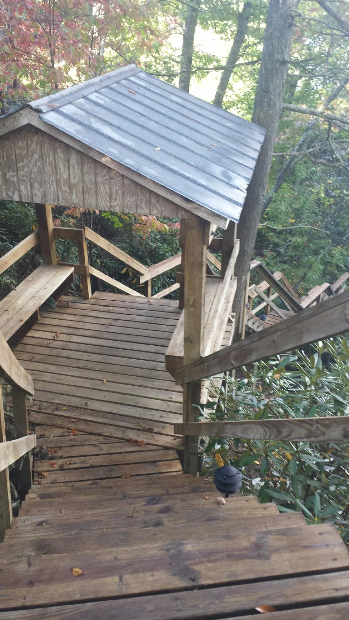Metal roofed shelter over wooden steps on a wooded walkway — Skylight Repair & Installation work by our crew in Pecatonica